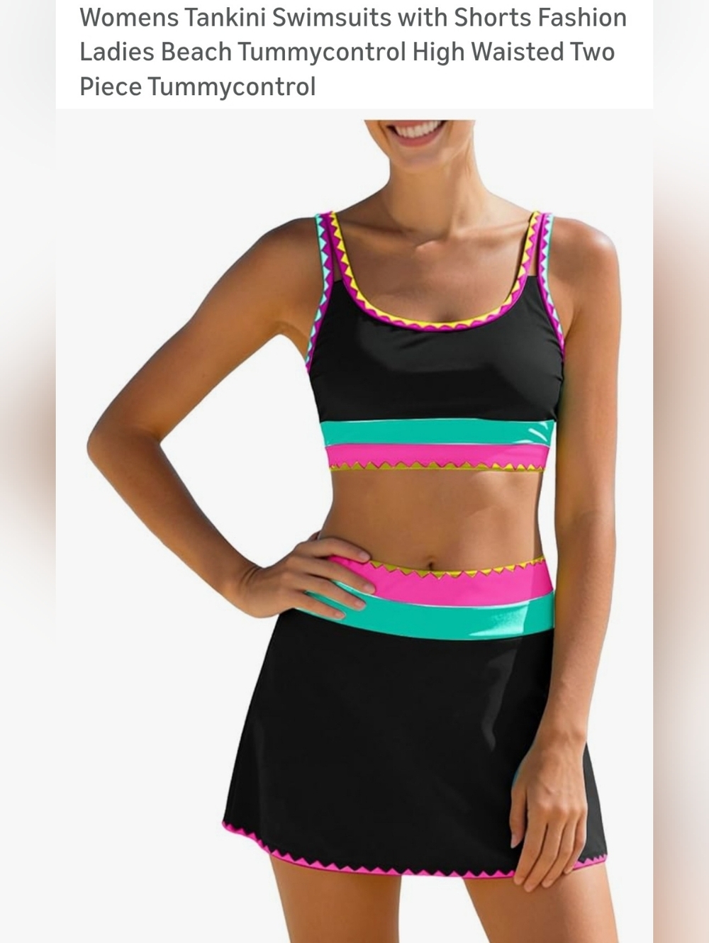 Black Swim Set with Pink + Teal Colorblock Trim